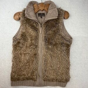 Fenn Wright Manson Women Brown Faux Fur Knit Vest Zip Collar Sz L cozy warm